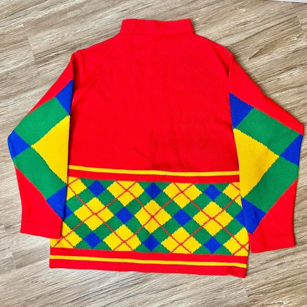Vintage Italian Wool Sweater Rainbow Plaid Red Colorful 70s Retro Size Large